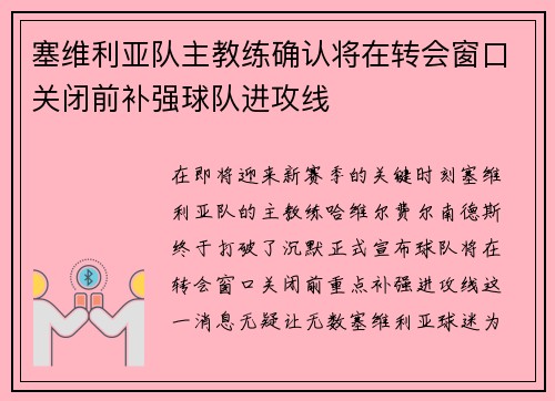 塞维利亚队主教练确认将在转会窗口关闭前补强球队进攻线