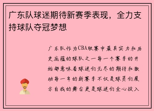 广东队球迷期待新赛季表现，全力支持球队夺冠梦想